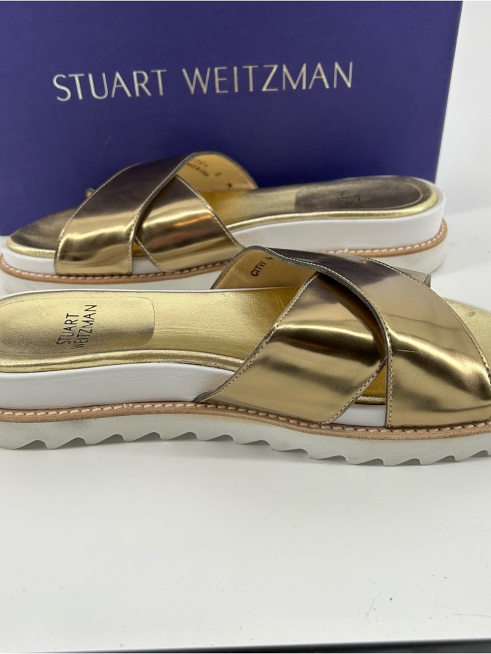 Stuart Weitzman Metallic Gold Crisscross Slide Mules - Picture 6 of 7